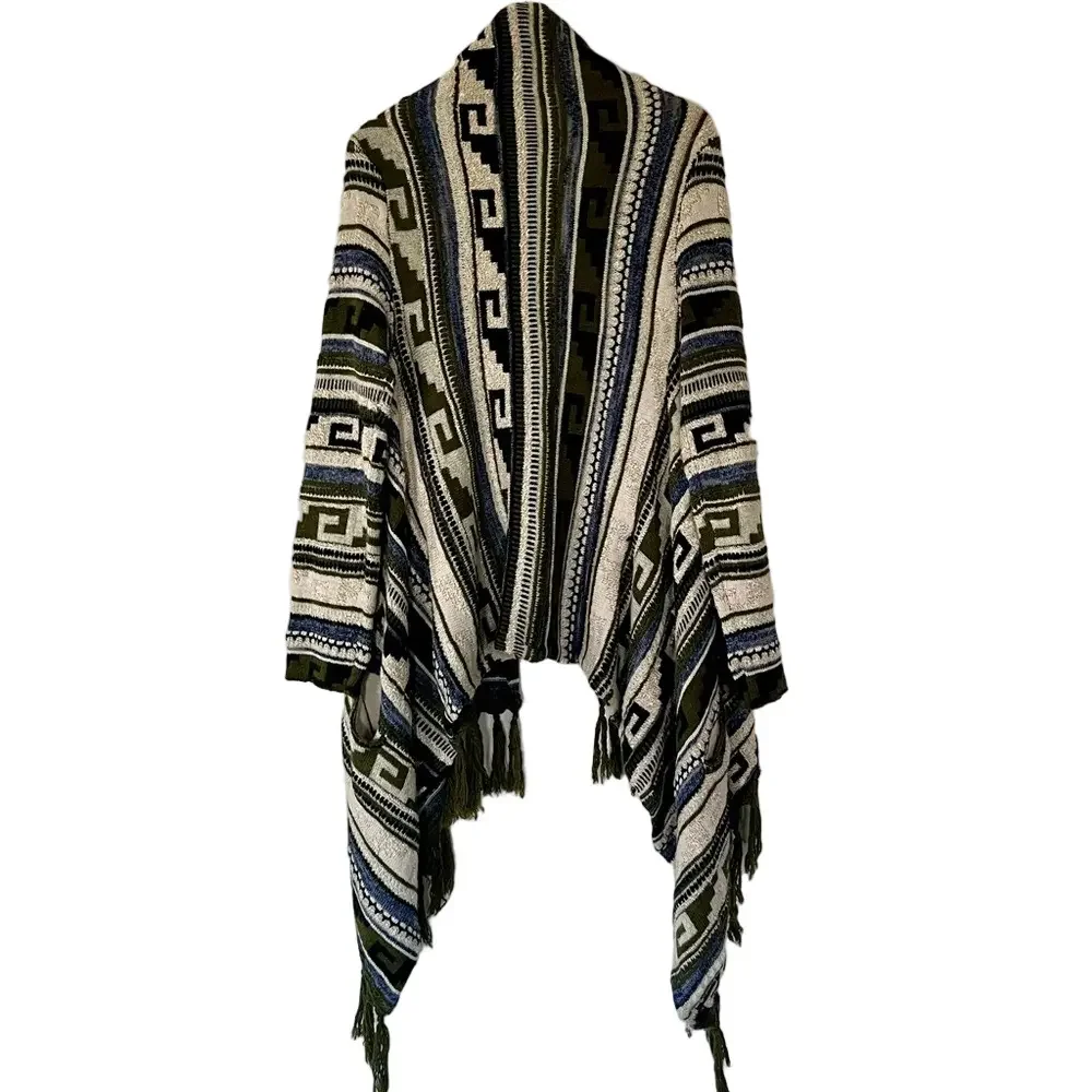J. Jill Wool Blend Fringe Open Cardigan Sweater Boho Aztec Large - Picture 10 of 14